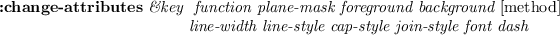 \begin{emtabbing}
{\bf :change-attributes}
\it\&key \= function plane-mask fore...
...d]\\
\>line-width line-style cap-style join-style font dash
\rm
\end{emtabbing}