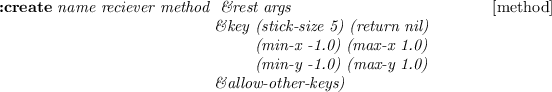 \begin{emtabbing}
{\bf :create}
\it name reciever method \= \&rest args
\\lq  [met...
...
\>\>(min-y -1.0) (max-y 1.0)\\
\>\&allow-other-keys)
\rm
\end{emtabbing}