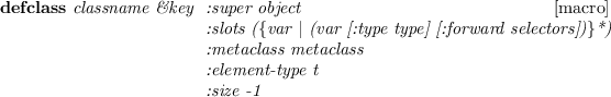 \begin{emtabbing}
{\bf defclass}
\it classname \&key \= :super object \\lq  [macro...
...etaclass metaclass \\
\> :element-type t \\
\> :size -1\\
\rm
\end{emtabbing}