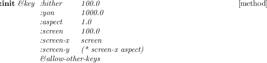 \begin{emtabbing}
{\bf :init}
\it
\&key \= :hither \hspace{5mm} \= 100.0 \\lq [met...
... :screen-y \> (* screen-x aspect) \\
\> \&allow-other-keys
\rm
\end{emtabbing}