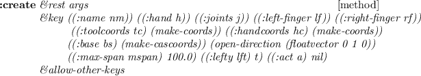 \begin{emtabbing}
{\bf :create}
\it\=\&rest args \\lq [method]\\
\>\&key \=((:na...
...)
((:lefty lft) t)
((:act a) nil)\\
\>\&allow-other-keys
\rm
\end{emtabbing}